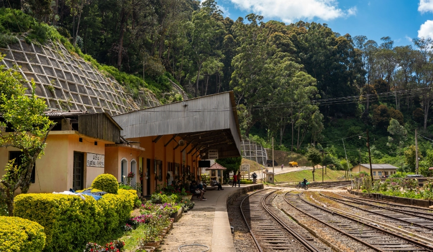 railway station surrounded by lush greenery in Nuwara Eliya, Sri Lanka