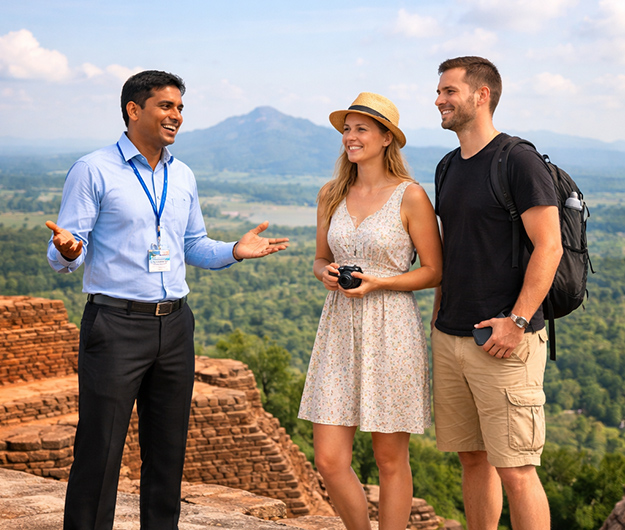 Foreign tourists on a guided heritage tour at Sigiriya rock fortress in Sri Lanka